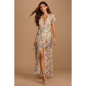 Lulus Feels Magical Ivory Floral Print Short Sleeve Wrap Maxi Dress